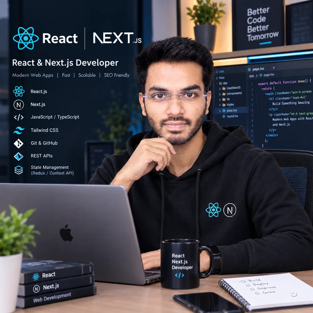 Bikas Kumar, React and Next.js developer, at his workspace
