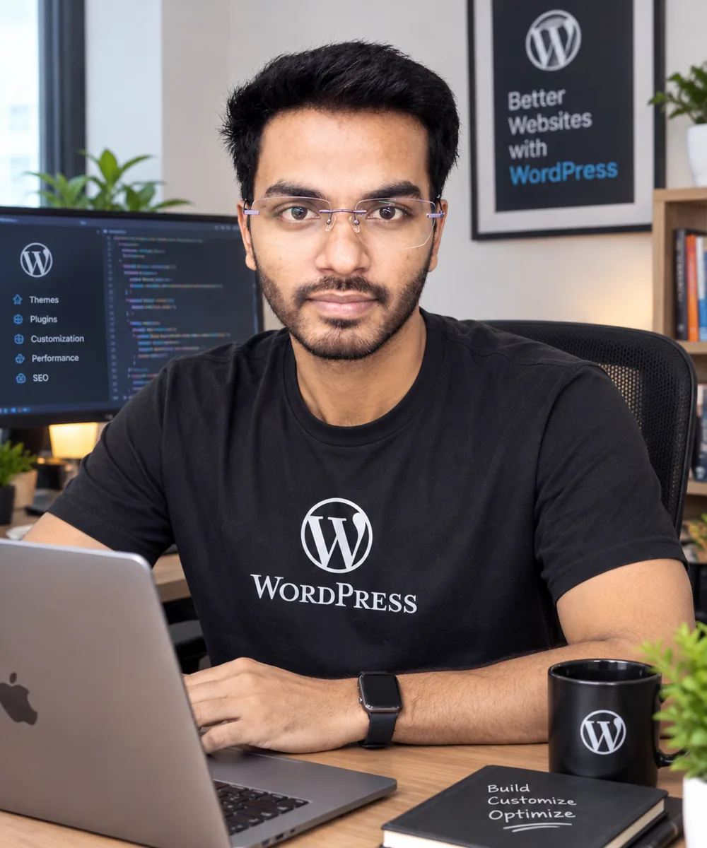 Bikas Kumar, WordPress developer, at his workspace