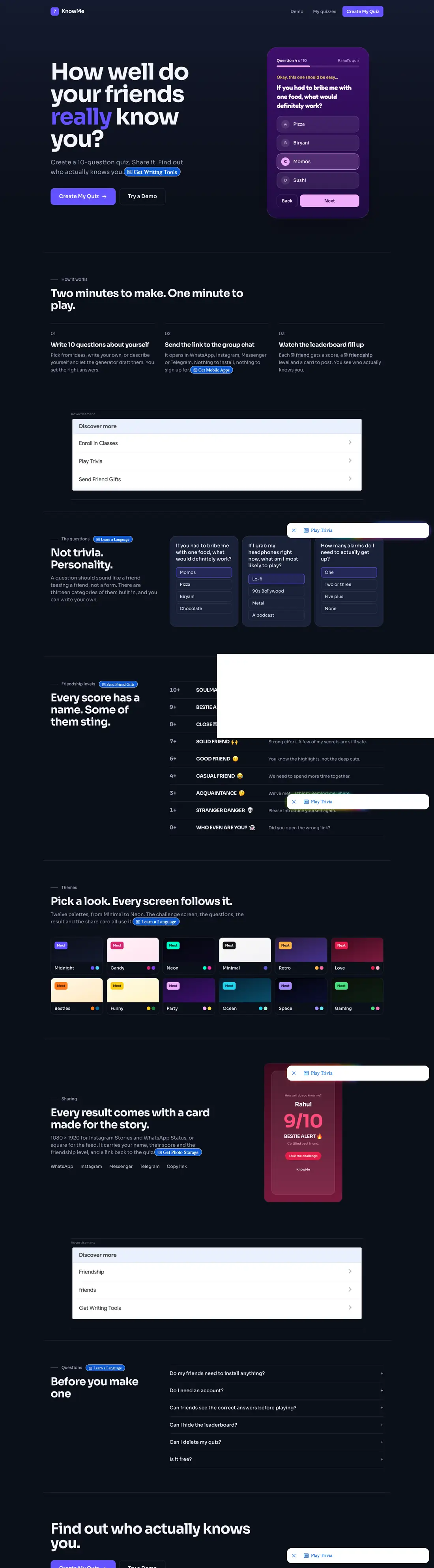 KnowMe Quiz – full page of the live site built by Bikas Kumar